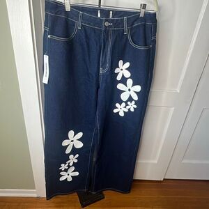 Princess Polly Wide Leg Flower Jeans Dark Wash Size 12/36”  New